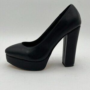 Miss left Black Platform Almond Toe Pumps Slip On Block High Heel Party Shoes